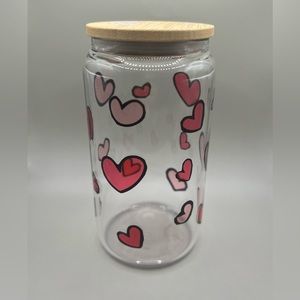 Valentine’s Day Gift Coffee Glass Cup Mug Tumbler With Hearts. Personalizable.